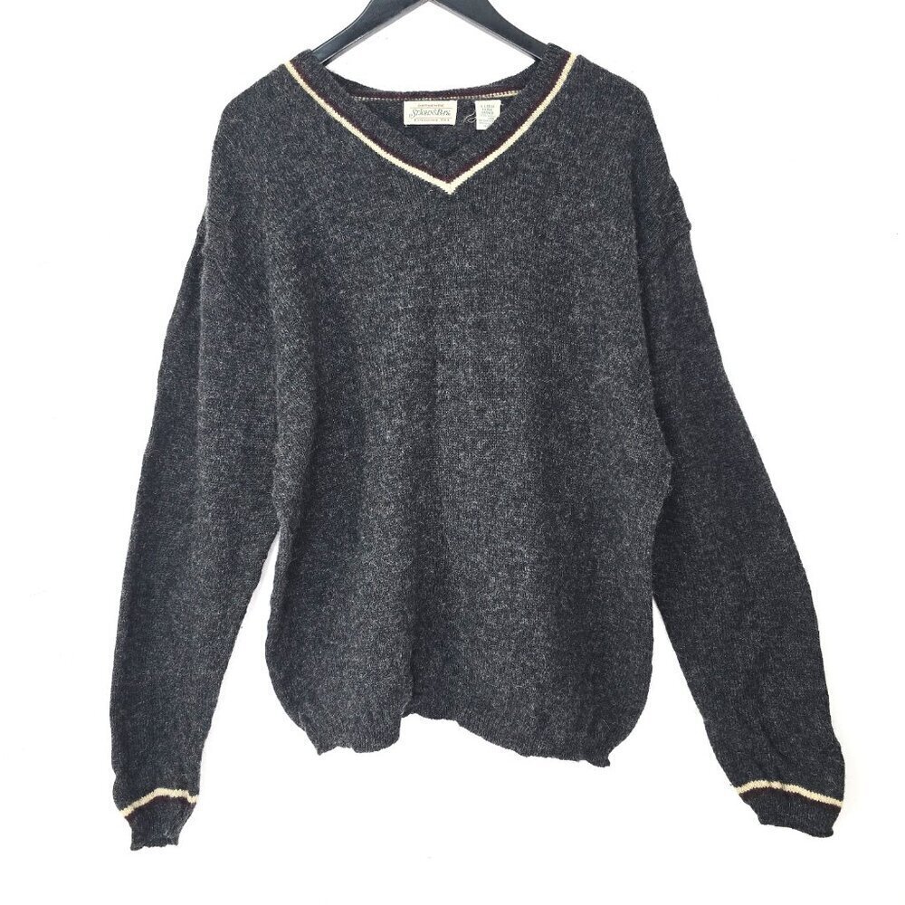 Vintage St. John's Bay Charcoal Grey Black V Neck Fuzzy Wool Jumper Sweater